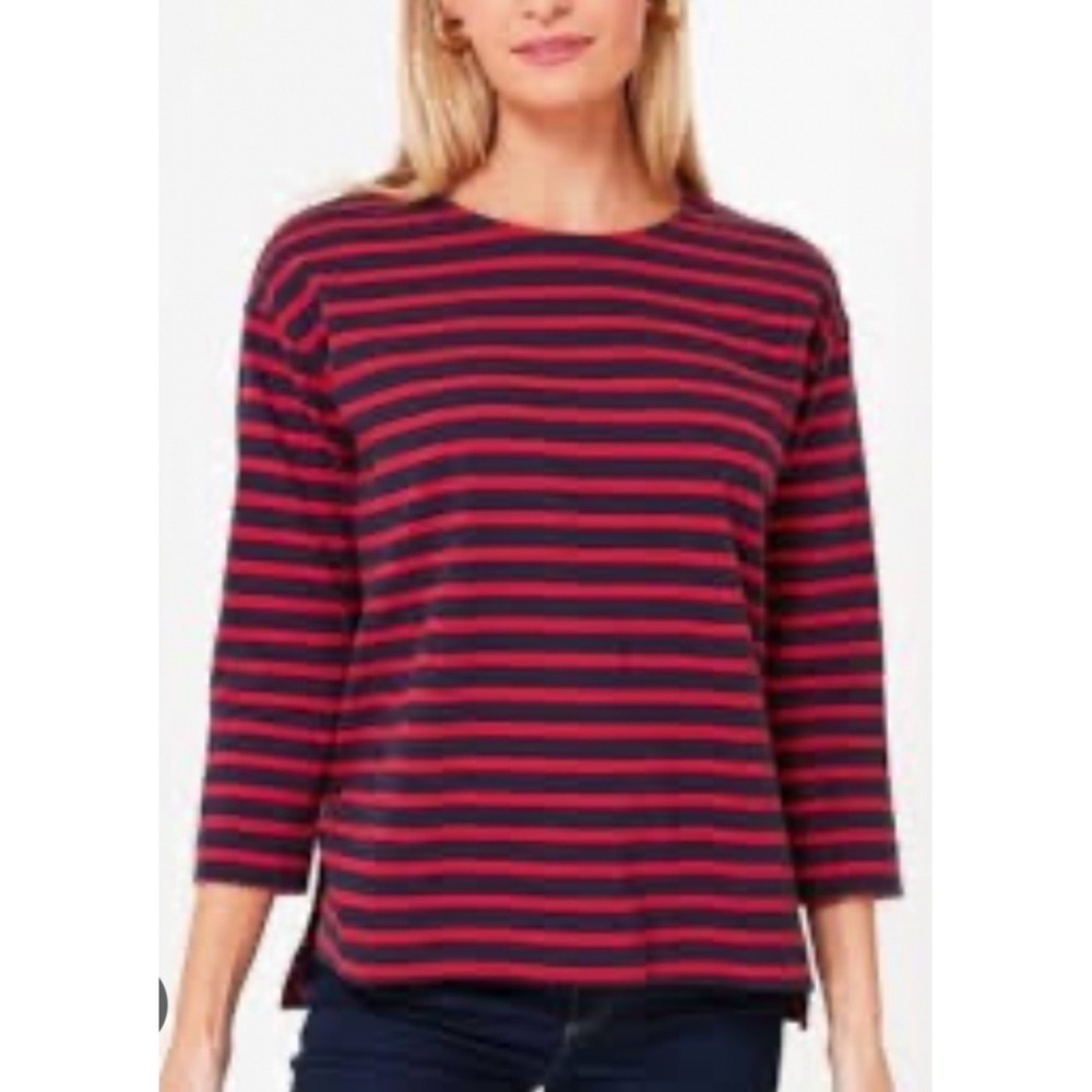 Pomander Place Navy Red Striped Cotton 3/4 Sleeve Top Style Y21000T Womens M